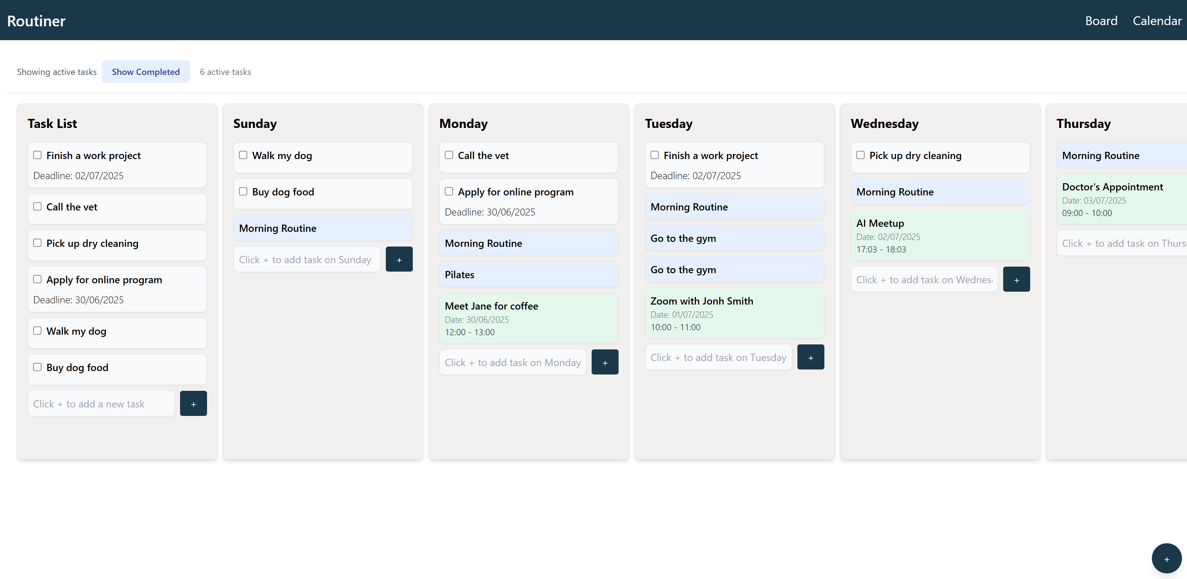 Routiner app interface showing a clean task management system